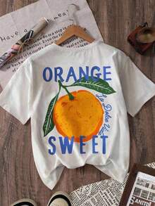 Women's "Orange Sweet La Dolce Vita" Casual Loose Graphic T-Shirt, Breathable And Comfortable, Short Sleeve And Round Neck, With Double-Sided Orange Print, Made Of Soft Cotton, Perfect For Everyday Wear And Summer Urban Style. - 白色 - 查看 3