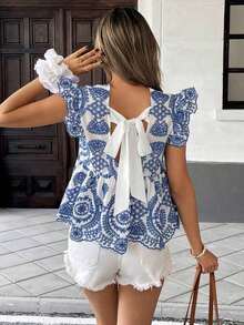 Blusa casual con mangas cortas y bordado para mujer de vacaciones - Azul y blanco - Ver 7