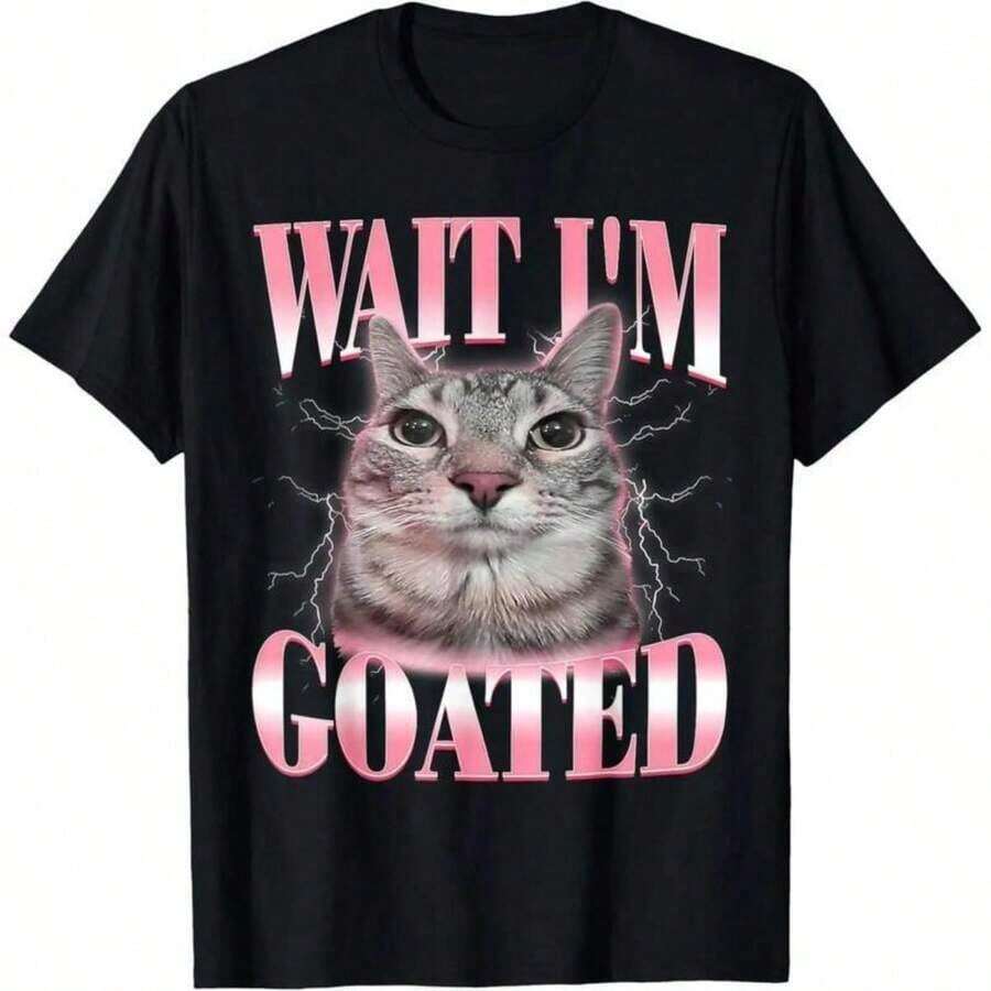 Funny Cat Meme T-Shirt "Wait I'm Goated Cat Brainrot" For Men, Women And Children - 白色 - 查看 1