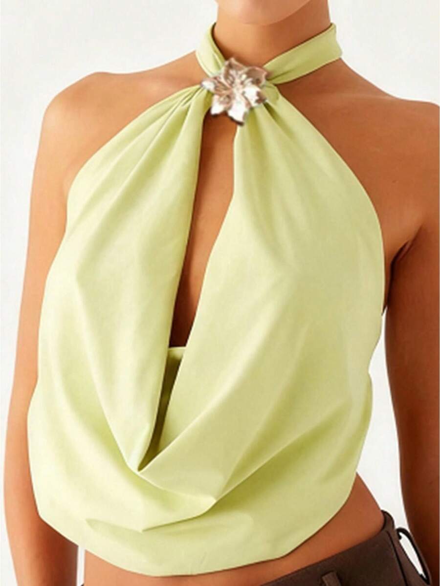 Women's Halter Neck Tank Tops Sleeveless Open Back Slim Fit Cutout Tank Tops Summer Shirts - Verde - Ver 1