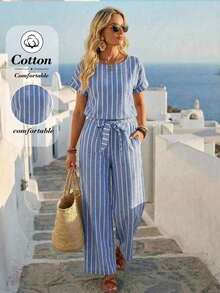 Conjunto de 2 piezas de top de manga corta de cuello redondo a rayas y pantalones para mujeres, conjunto de ropa de vacaciones de 100% algodón, apto para devolución y reembolso, vestidos casuales de verano para mujer, conjunto informal de verano para mujer - Negro - Ver 3