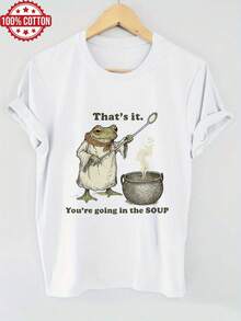 Women's Essential Summer Casual T-Shirt, Vintage Style With Frog Soup Pot Print, Round Neck, Short Sleeve, Soft Cotton For Everyday Wear - 白色 - 查看 7