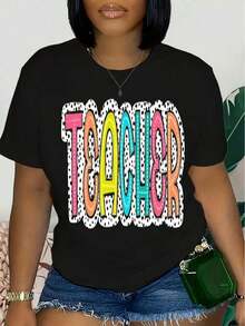 Women's Short-Sleeved T-Shirt, Soft And Breathable, 100% Cotton - Graphic Print With Teacher Theme, Casual Round Neck Top For Back To School Season, Versatile T-Shirt For Educators And Mothers, Teacher T-Shirt. - 黑色 - 查看 1