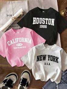 Women's 1-Piece Set Of Casual And Minimalist Blouses With California, New York, And Houston Prints, Round Neck, Short Sleeves, Fitted And Cropped, Suitable For Going Out, School, Or College. Loose, Casual, And Versatile Top T-Shirt - 黑色 - 查看 2
