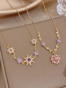 1pc 18K Gold Plated Pink Zirconia Flower Gold Necklace, Necklace And Pendant, Women's Necklace, Gold Plated Jewelry, Rose Gold Chain, Perfect For Daily Wear, Dating, Party, Vacation Season, Graduation Season, Birthday Gift, Summer Accessory, Women's Beach Accessory, Easter, Gift For Girlfriend, Bohemian Style Jewelry - Multicolor - View 1