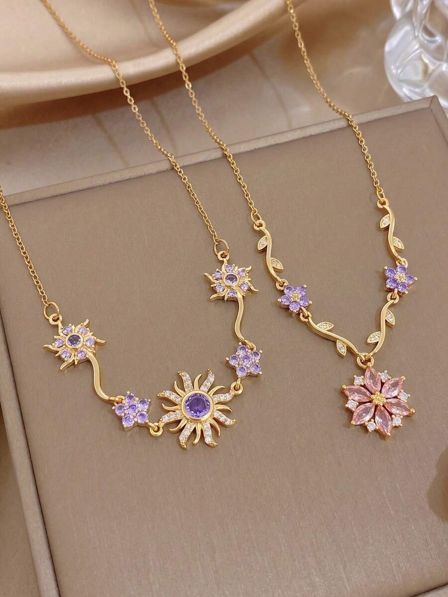 1pc 18K Gold Plated Pink Zirconia Flower Gold Necklace, Necklace And Pendant, Women's Necklace, Gold Plated Jewelry, Rose Gold Chain, Perfect For Daily Wear, Dating, Party, Vacation Season, Graduation Season, Birthday Gift, Summer Accessory, Women's Beach Accessory, Easter, Gift For Girlfriend, Bohemian Style Jewelry - Multicolor - View 1