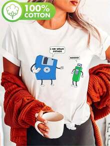 Casual T-Shirt For Mother's Day, Women's Printed T-Shirt, Green USB Drive With Computer Software Design, Computer Engineering, Floppy Disk Engineer Printed T-Shirt For Father's Day, Casual Short Sleeve Round Neck T-Shirt For Summer And Spring, Women's Clothing, 100% Cotton, Durable. - 白色 - 查看 1