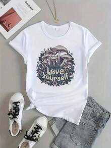 Women's Mushroom Print T-Shirt - White, Casual For Everyday Wear, Crew Neck, Short Sleeve, Machine Washable, Suitable For All Seasons, Printed Design, Loose And Comfortable Style, Lightweight And Fashionable, Weekend Outfit, Women's Blouses > Clothing - 白色 - 查看 2