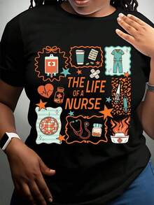 Women's Cotton T-Shirts, "A Nurse's Life" T-Shirt, Gift For Nurses, Medical-Themed T-Shirt, Funny Nurse Clothing, For Healthcare Workers, Nurse Appreciation Day Gift, Women's Basic Blouses. - 黑色 - 查看 2