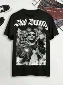 Bad Tee Bunny T-Shirt With Black And White Portrait Collage Graphic, Men's Short-Sleeved T-Shirt Made Of Pure Cotton, Loose Fit Y - 黑色 - 查看 7