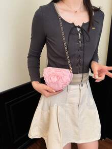 Bolso con forma de corazón de flor de encaje 3D, bolso de hombro y bandolera multifuncional dulce y único con cadena - Rosa - Ver 6