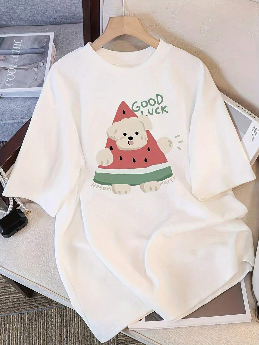 Women's White Korean Style T-Shirt, Cute And Versatile - Short Sleeve Round Neck Summer Top With Pomeranian And Watermelon Prints, GOOD LU Letters And Korean Characters, Loose Fit For Teachers, Casual Wear, Machine Washable Korean Fashion Cotton T-Shirt. - 白色 - 查看 1