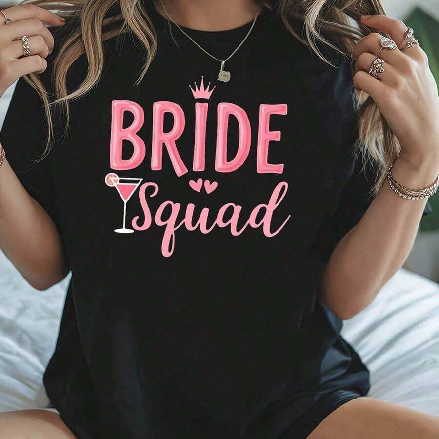 Women's Wedding Party Style T-Shirt With Bride Squad Print, Short Sleeve And Round Neck, Casual For Summer And Spring, Women's Clothing Suitable For Leisure And Sports Occasions - 黑色 - 查看 1