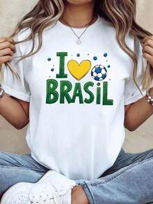 Modern And Minimalist Women's T-Shirt With "I Love Brazilian Football" Heart Print, Ideal For Watching Matches And Celebrating Holidays, Vibrant And Lively Style, Short Sleeves, Perfect For Casual Daily Wear On The Street. - 白色 - 查看 7