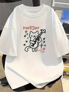 Modern And Minimalist Women's T-Shirt With Rock Star Guitarist Cat Design - Kawaii Korean Style T-Shirt, With A Perfect Print Of A Rocker Cat And A Guitar, Short Sleeve, Ideal For Concerts, Casual Wear And Summer Outfits. - 白色 - 查看 7