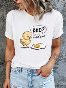 Women's Casual Short Sleeve T-Shirt - Egg And Tortilla Print T-Shirt, Comfortable Crew Neck, Suitable For All Seasons, Casual And Comfortable Fit, Local Delivery, Ideal For Everyday Wear. New Arrivals For Summer. - 黑色 - 查看 1