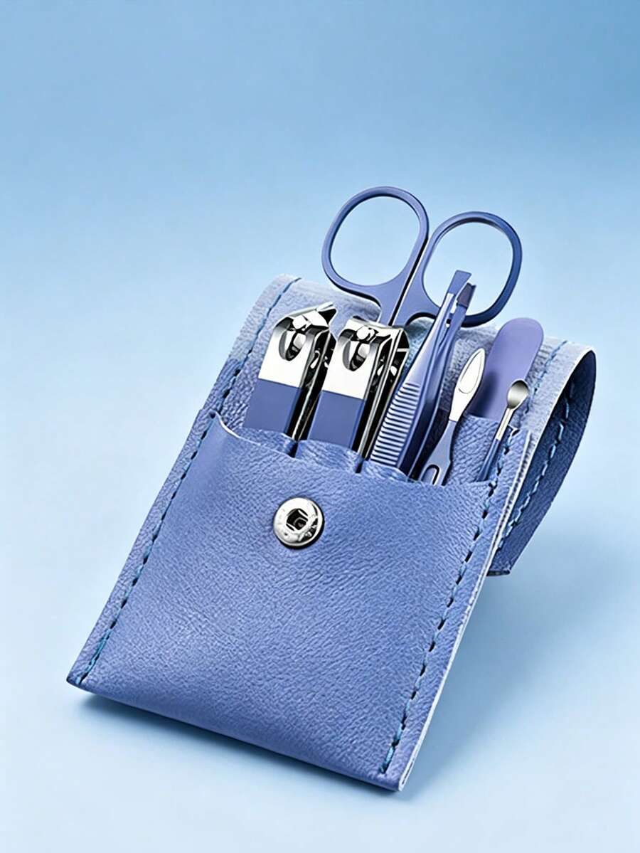 7pcs Portable Nail Clipper Set, High Quality Stainless Steel Ultra Sharp Durable Curved Edge Scissors For Trimming Finger And Toenails, With Nail File (Blue Set) - Blue - View 1
