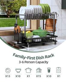 2-Tier Dish Rack With Auto-Drain & Mat, Dish Racks For Kitchen Counter, Dish Drainer With Knife, Fork & Cup Rack, Gifts For Women, Mothers Day, Cool Stuff & Kitchen Gadgets - View 4