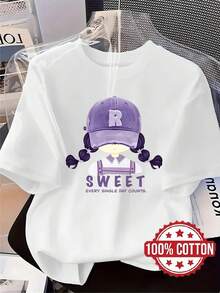 New Women's T-Shirt, Cartoon Portrait Design In Purple, Modern And Casual Printed T-Shirt, Round Neck, Short Sleeves, Breathable And Sweat-Absorbing, Comfortable, Stylish And Chic, Ideal For Lounging At Home In Spring, Summer And Autumn. Comfortable 7HJO - 白色 - 查看 1