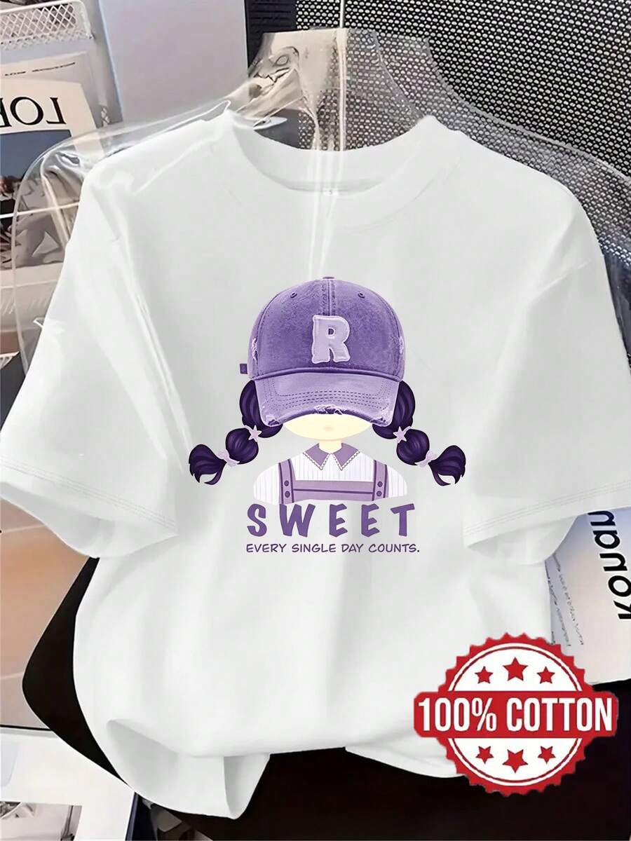New Women's T-Shirt, Cartoon Portrait Design In Purple, Modern And Casual Printed T-Shirt, Round Neck, Short Sleeves, Breathable And Sweat-Absorbing, Comfortable, Stylish And Chic, Ideal For Lounging At Home In Spring, Summer And Autumn. Comfortable 7HJO - 白色 - 查看 1
