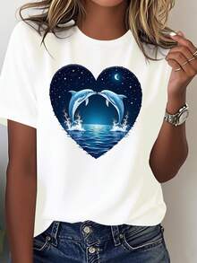 Comfortable Women's T-Shirt With A Pure Code Of Dolphins Jumping In A Heart Shape - White - View 1