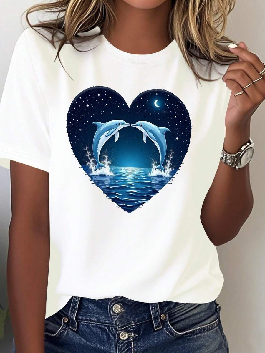 Comfortable Women's T-Shirt With A Pure Code Of Dolphins Jumping In A Heart Shape - White - View 1
