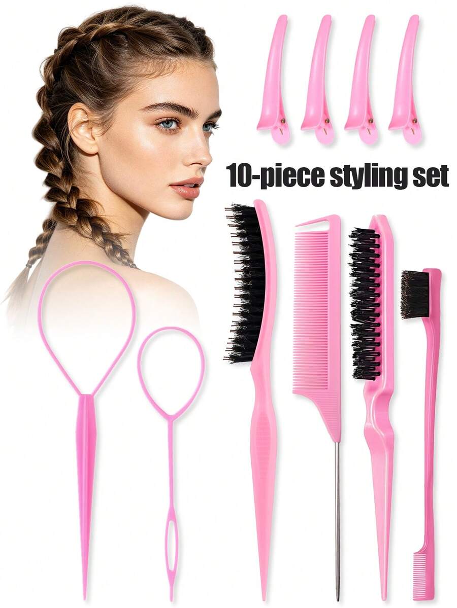 Bộ dụng cụ tạo kiểu tóc 4/6/8/10 món, bao gồm lược tạo kiểu, lược đuôi chuột, lược uốn xoăn, kẹp tóc, lược ba hàng, dụng cụ tạo kiểu chuyên nghiệp - Nói lời tạm biệt với mái tóc xẹp, thiếu sức sống (Màu hồng)