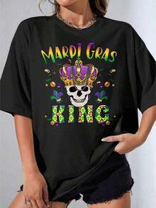 Black And White T-Shirt For Girls, Mardi Gras King Design T-Shirt With Skull And Crown, White Graphic Print Of Mardi Gras King With Crown And Fleur-De-Lis Design For Party Celebration, Outdoor Party, 220g Printed Casual T-Shirt - 黑色 - 查看 6