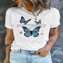 Butterfly Print T-Shirt, Casual Everyday Top With Round Neck And Short Sleeves, Women's Clothing S-XXL - 白色 - 查看 1