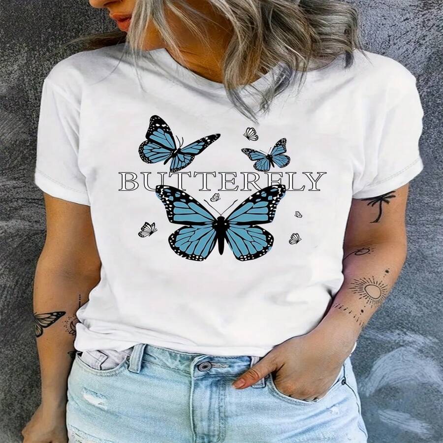 Butterfly Print T-Shirt, Casual Everyday Top With Round Neck And Short Sleeves, Women's Clothing S-XXL - 白色 - 查看 1