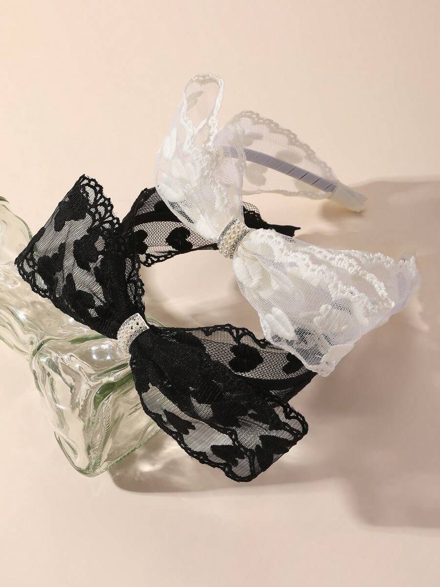 1件/2件裝 女款優雅復古法式風格黑/白色心形蕾絲蝴蝶結珍珠髮箍髮飾，適合日常、海灘、派對、婚禮裝飾髮帶 - 彩色 - 查看 1