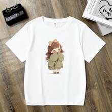 Women's Anime Print T-Shirt - Korean Style, Cute Short Sleeve Anime T-Shirt With Round Neck, Casual Summer Top For Outfits (Machine Washable) Soft - 白色 - 查看 7