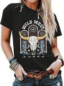 200GSM% Cotton Women's Western Cactus Horse Design T-Shirt, Desert Cactus Print Tee, Horse Print Tee, Vintage Denim Style Casual Short Sleeve T-Shirt 5CTS - 彩色 - 查看 8