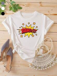 Mexican Women's Graphic Tee - Vibrant Comic Style BANG!!! Graphic With Yellow Starburst, Red Lettering, And Small Stars. Perfect For Everyday Wear, This Classic Basic Tee Is Ideal For All-Day Comfort And Is A Fashionable Summer Cotton T-Shirt. - 白色 - 查看 1