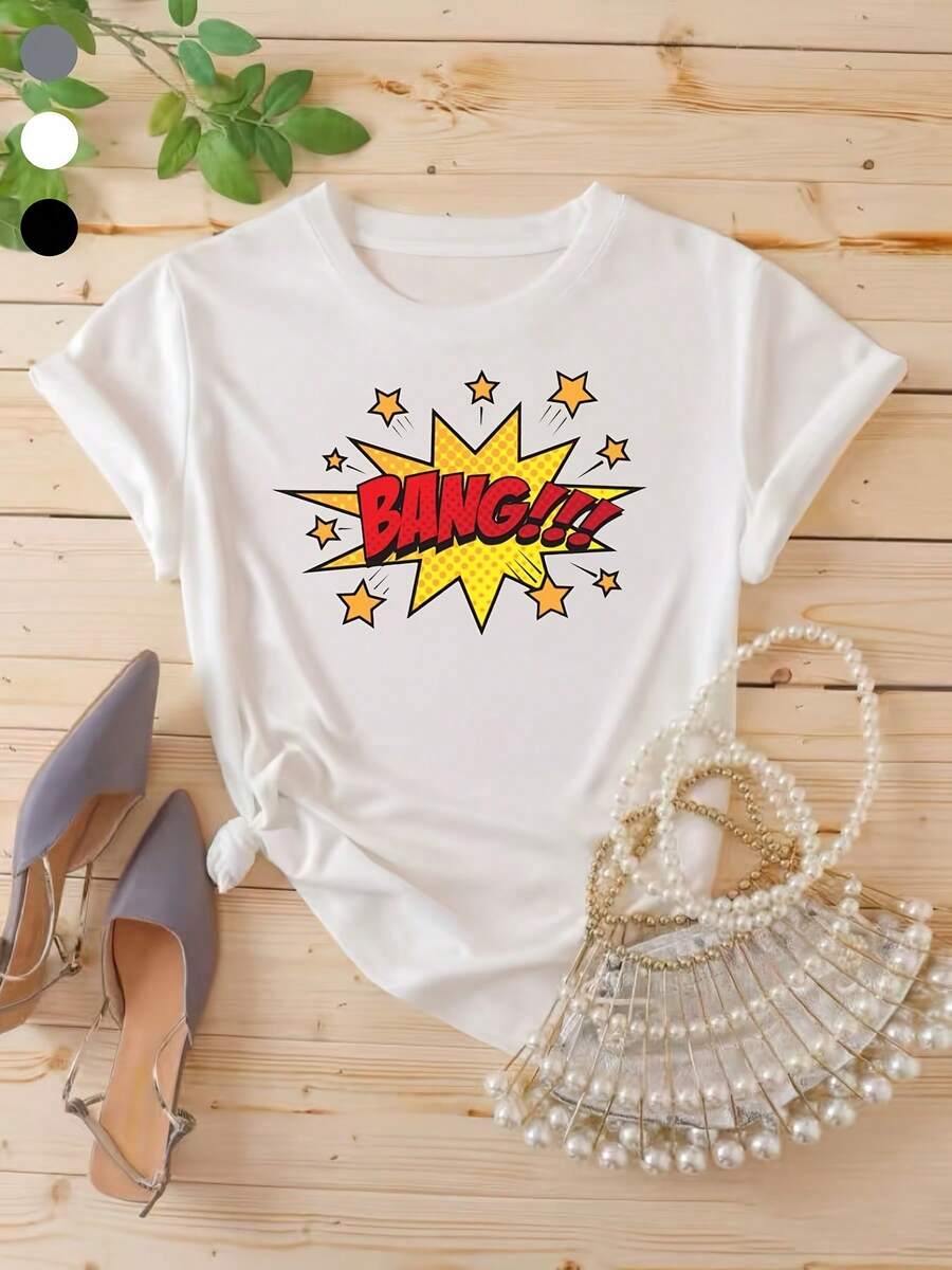 Mexican Women's Graphic Tee - Vibrant Comic Style BANG!!! Graphic With Yellow Starburst, Red Lettering, And Small Stars. Perfect For Everyday Wear, This Classic Basic Tee Is Ideal For All-Day Comfort And Is A Fashionable Summer Cotton T-Shirt. - 白色 - 查看 1