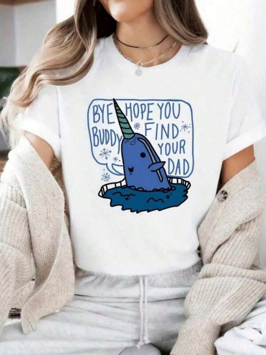 Women's T-Shirt, Plus Size Women's T-Shirt, Fashionable Printed Top With "Cartoon Narwhal And Farewell Phrase" Design, Comfortable And Breathable Material, Perfect For Sports, Gym, Outdoor Activities And Casual Wear, Ideal Gift For Girlfriend Or Wife, Women's Going Out T-Shirts - 白色 - 查看 1