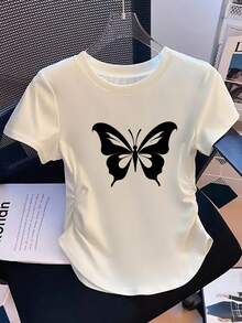 Slim Fit,  Butterfly Print, Simple And Elegant Design - 2 Styles - Women's Casual Sportswear, Solid Color Details With Pleats At The Waist, Short Sleeve T-Shirt With Round Neck Suitable For All Four Seasons. - 白色 - 查看 3