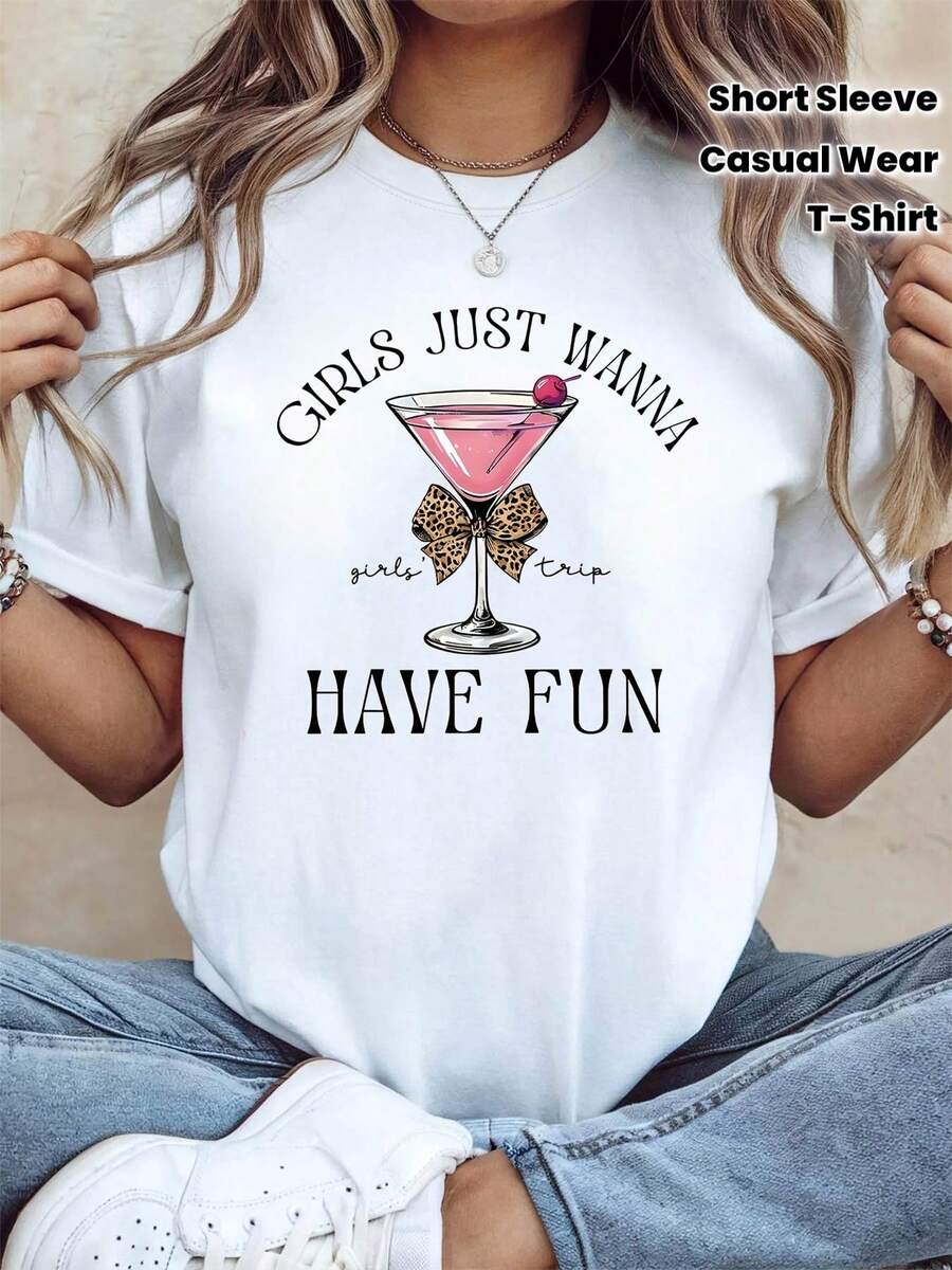 Women's Best Friends Travel And Party Themed T-Shirt - Decorated With A Pink Cocktail Glass And Slogan, Casual Short Sleeve Top For A Sweet And Fresh Party Vibe In Pink And White. - 白色 - 查看 1
