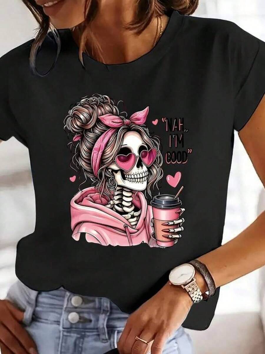 100% Algodón Premium 180g : Camiseta Y2K con diseño único de chica esqueleto y café, estilo moderno y fresco, ideal para los amantes de la moda alternativa. Perfecta para cualquier ocasión y resalta tu personalidad única. ¡Luce increíble con esta pieza esencial!. Ropa de Moda Casual Suave y Transpirable para Diario - Negro - Ver 1