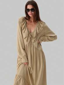 Vestido largo cuello V con volantes y manga acampanada, estilo vacacional primavera verano 2026 - Caqui - Ver 6