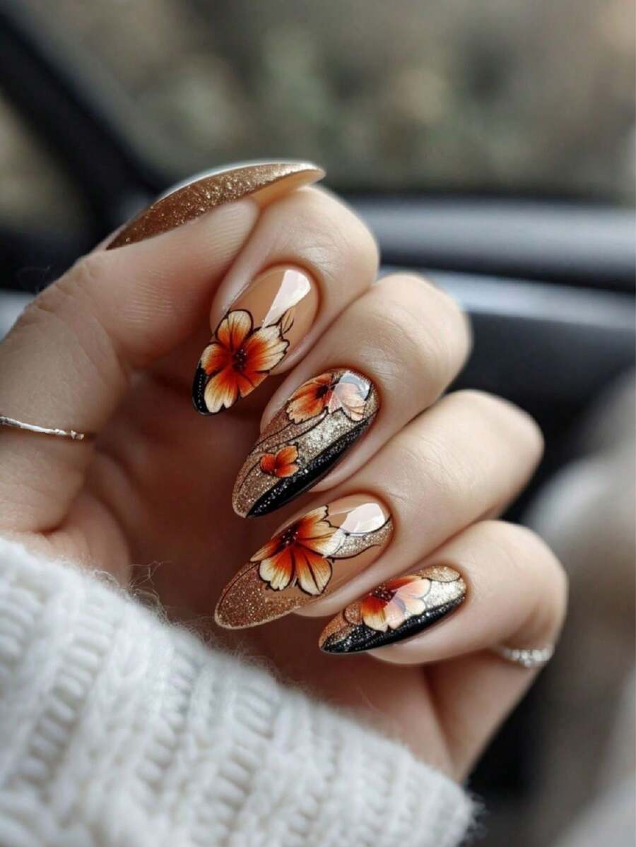 Brown Flowers Press On Nails Medium Square Fake Nails With Gold Charm Floral Design False Nails Autumn And Winter Floral Leaves Stick On Nails For Women Girls Nail Decoration 24Pcs - Multicolor - View 1