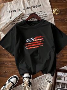 American Flag T-Shirt In Painted Style, Fashionable Short-Sleeve T-Shirt For Spring/Summer 2026, Made In Mexico, 180 Grams. Cartoon Print, Couple Design, Suitable For Indoor Or Outdoor Wear. Crew Neck, Unisex, Ideal For Office And Leisure. One-Pack. - BK-P631577SLNDXZGY613 - 查看 4