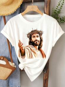 Women's Casual Spring/Summer/Autumn Sports T-Shirt, Soft And Comfortable, Short Sleeve And Round Neck, With The Image Of Jesus (Easter) With A Crown Of Thorns, With A Modern And Elegant Style, Available In Sizes S-XXL. - 白色 - 查看 7