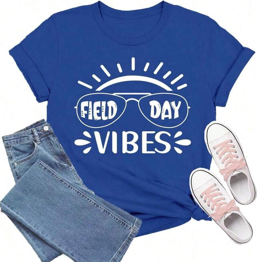 NewSummerCasualBlusas playera para el día de campo para mujeres, maestras, estudiantes, día de campo, camisetas de sol para niños y niñas-Vintage Street Style Unisex Loose Cotton Short Sleeve Crew Neck T-Shirt regalos para maestros,maestra playeras de mujer Ropa deportiva estilo Y2K, cuello redondo, 100% algodón, tejido suave, manga corta. Camiseta unisex de algodón holgada de manga corta y cuello redondo estilo vintage urbano - Azul - Ver 1