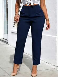 Pantalones de trabajo ajustados y acortados de color liso que ceñen la cintura - Azul Marino - Ver 3
