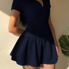Vestido casual de manga corta de un solo color con volantes en el bajo y abotonadura - Azul marino - Ver 5