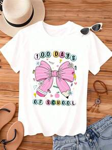 Women's T-Shirt, Girls' T-Shirt, Graphic T-Shirt With Pink Bow "100 Days Of School" For Kids And Teachers, Celebration T-Shirt With Adorable School Design, Colorful Elements And Educational Icons, Perfect For School Parties Or School Events - 白色 - 查看 3