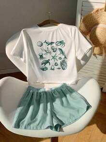 Conjunto casual de 2 piezas de mujer con camiseta de manga corta con cuello redondo y estampado de estrellas de mar, y shorts a rayas en azul marino - Verde Oscuro - Ver 3