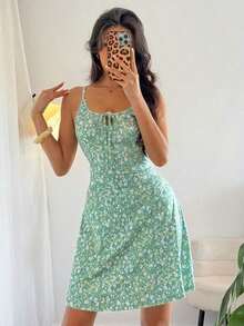 Vestido corto casual sin mangas con estampado floral pequeño para vacaciones y playa - verde menta - Ver 5