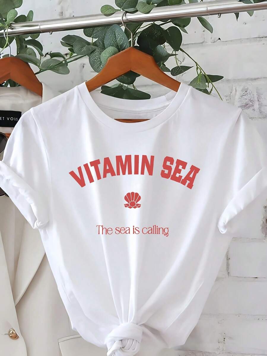 Camiseta Casual de Mujer con Temática Oceánica - Manga Corta, Cuello Redondo, Diseño con Estampado Oceánico, Ideal para Primavera y Verano - Lavable a Máquina para un Uso Cómodo - Blanco - Ver 1